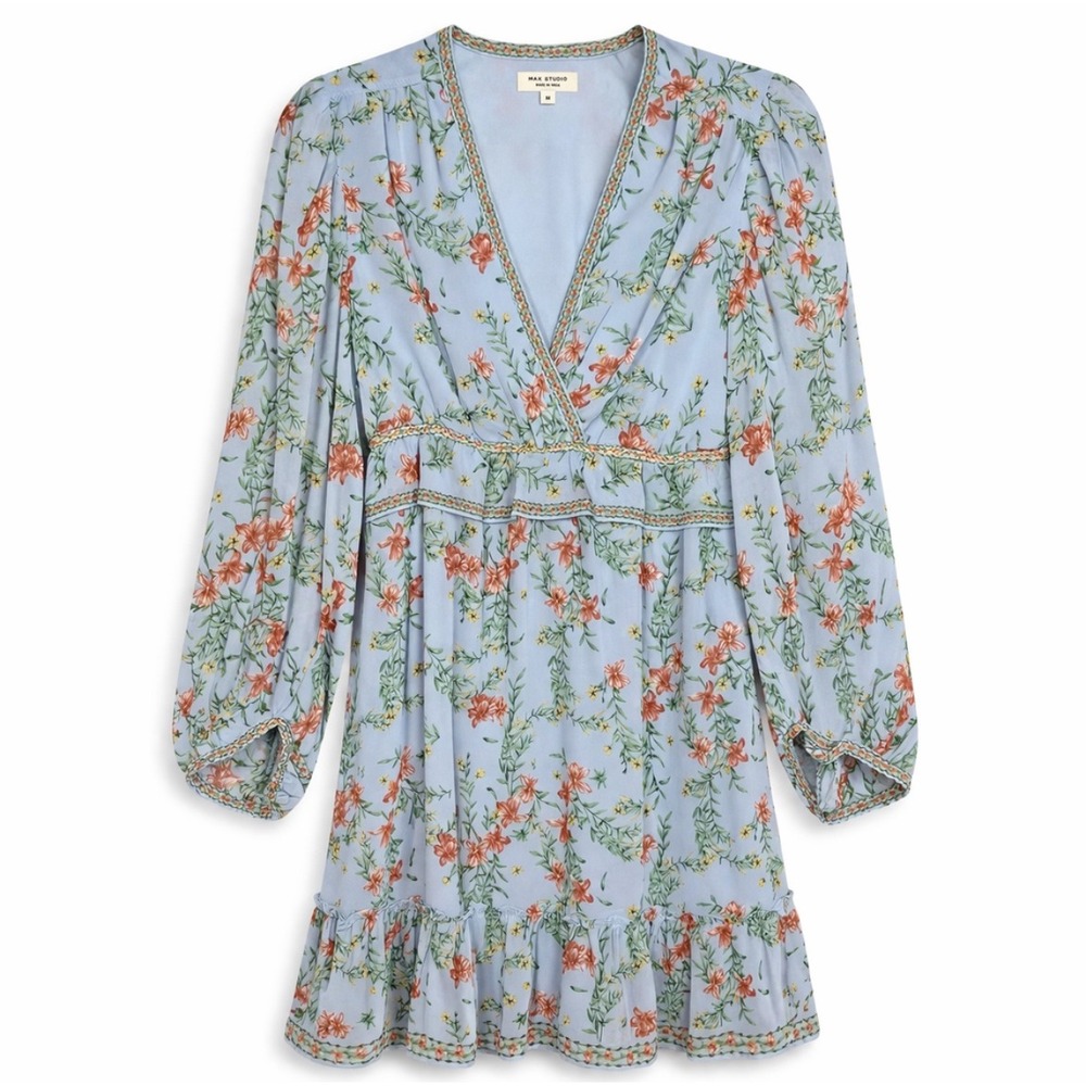 Max Studio London Floral Boho Dress Medium Blue Cottagecore Peasant